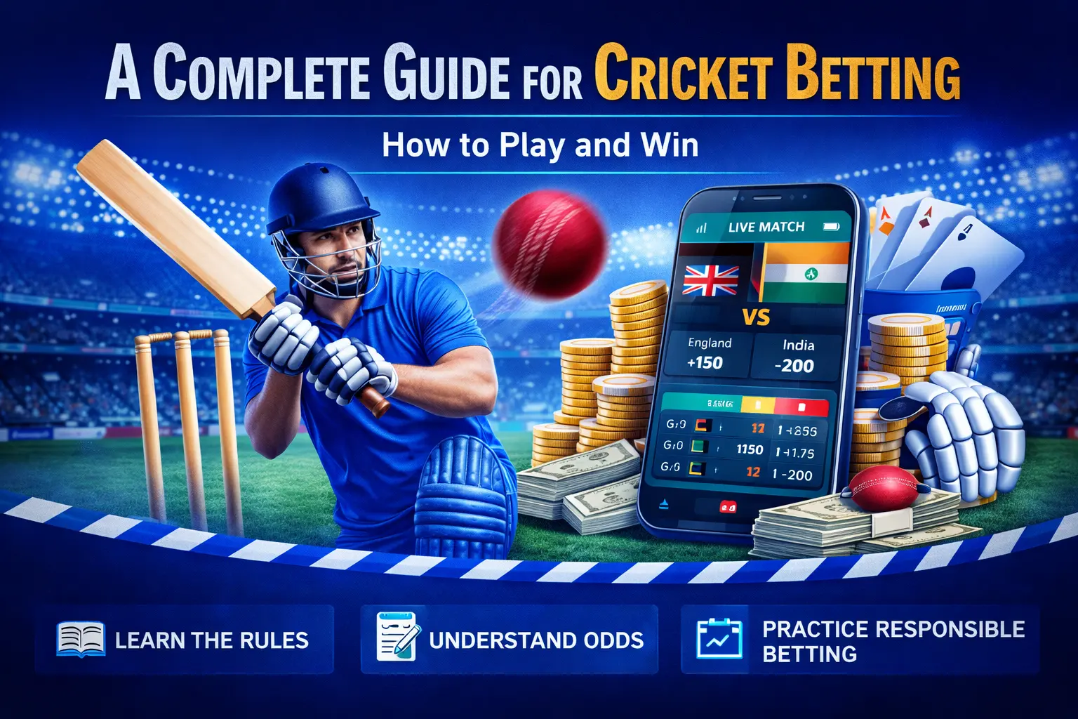 A complete guide for cricket betting showing a cricketer, betting odds on a mobile app, and tips on how to play and win