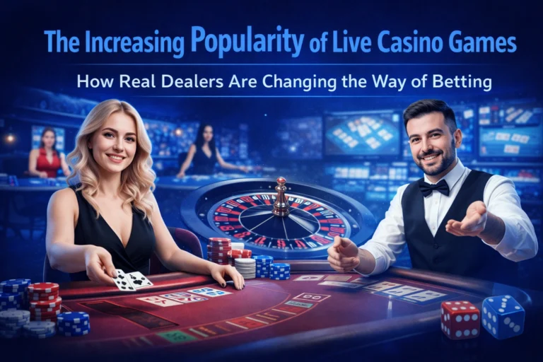 Live casino games image showing real dealers, roulette table, and online betting experience in a blue casino theme