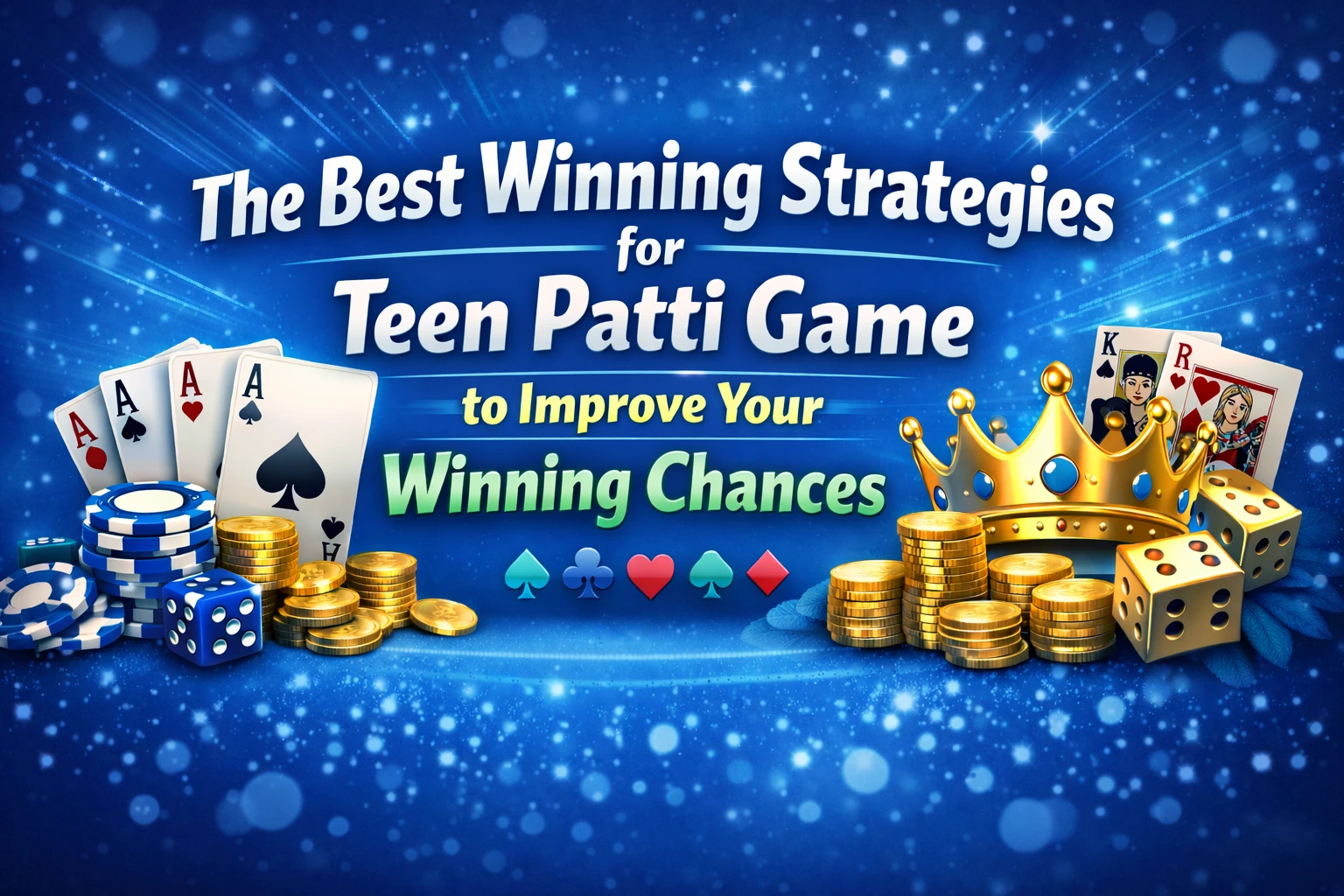 The Best Winning Strategies for Teen Patti Game to Improve Your Winning Chances with blue and white themed design, playing cards, casino chips, coins, and crown illustration.