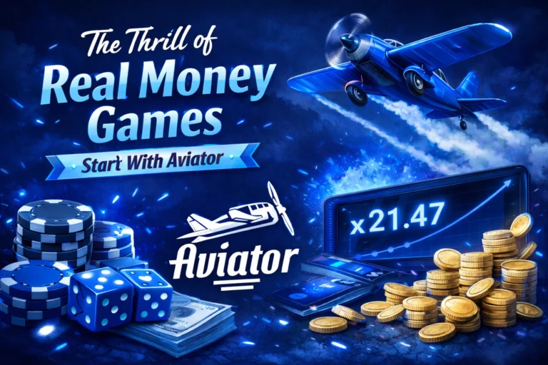 The Thrill of Real Money Games with Aviator featuring a blue theme, flying plane, coins, and live multiplier screen