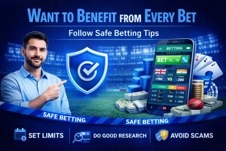 Safe betting tips image showing a shield icon, betting app, and guidance to benefit from every bet