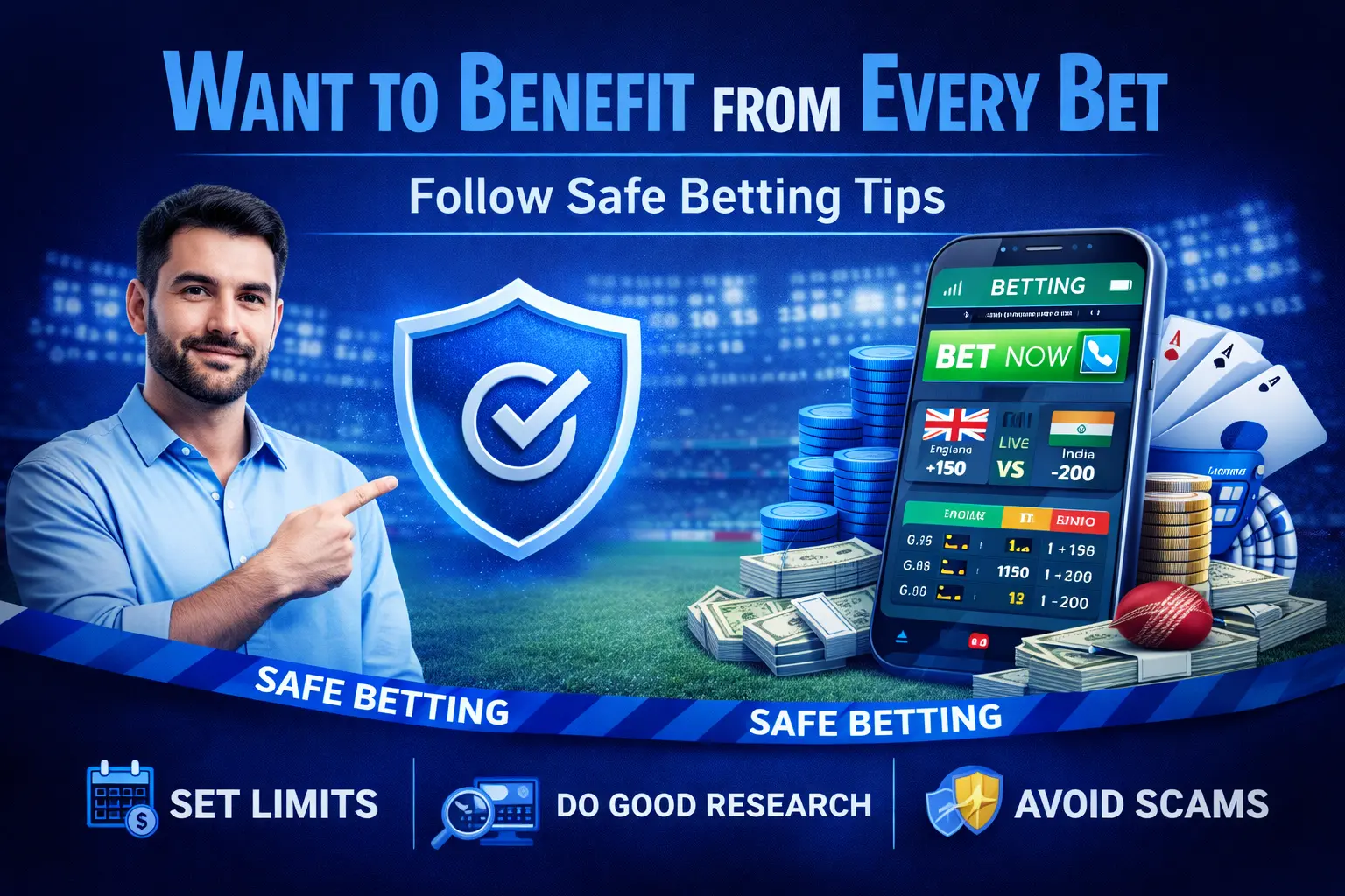 Safe betting tips image showing a shield icon, betting app, and guidance to benefit from every bet