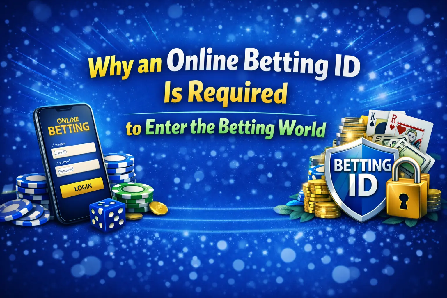 Why an online betting ID is required to enter the betting world with blue and white theme, mobile betting login screen, secure betting ID shield, casino chips, coins, and playing cards.