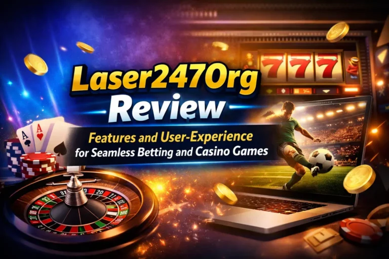 Laser247Org review banner showing sports betting and casino games with roulette wheel, playing cards, slot machine, and football player on laptop screen.