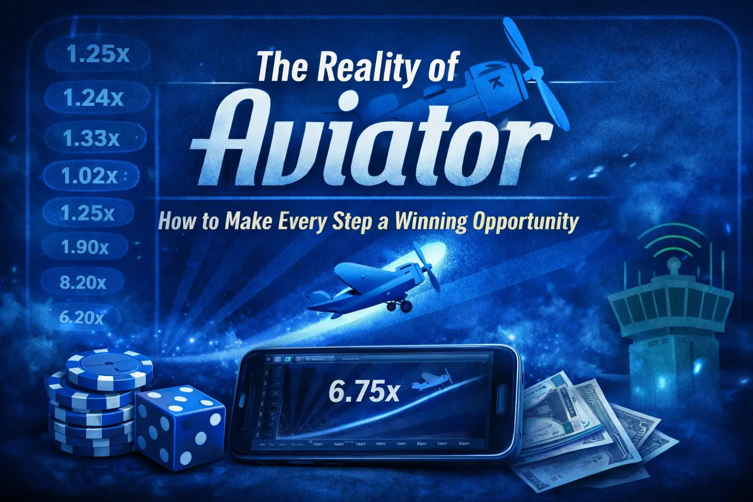 The Reality of Aviator game showing a blue-themed flying plane, rising multipliers, and gameplay screen explaining how to make every step a winning opportunity