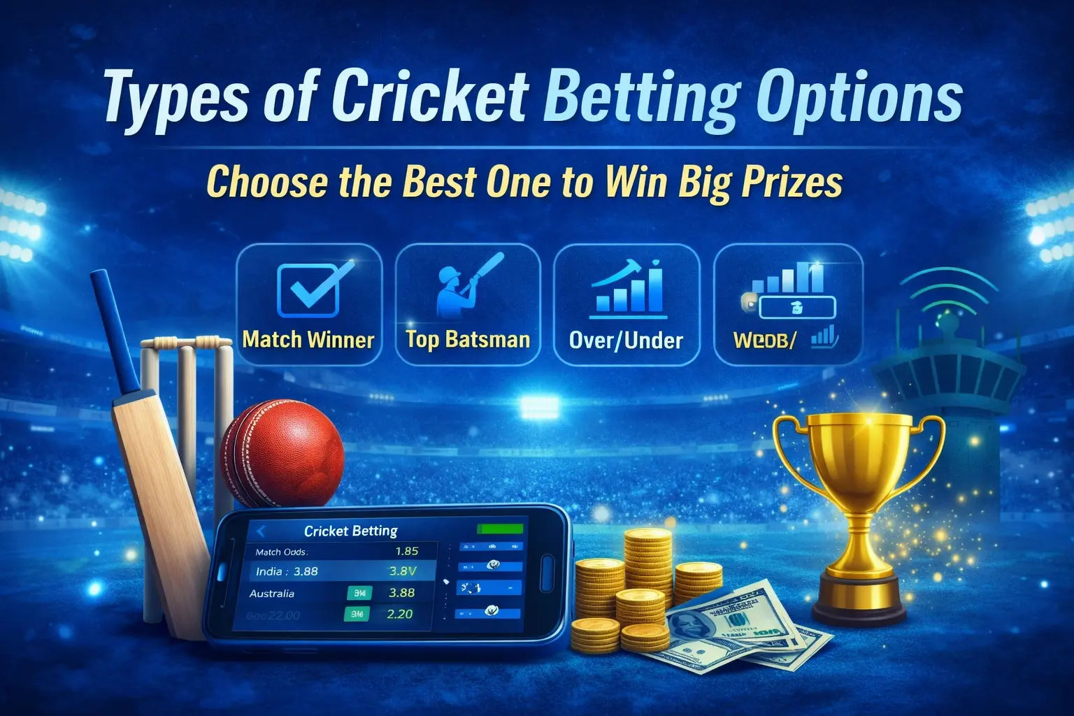 Types of cricket betting options banner showing match winner, top batsman, and over under betting with blue theme cricket stadium background