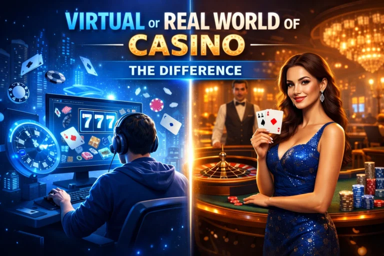 Virtual vs real world casino comparison showing online casino gameplay on a digital screen and a live casino table experience in blue-themed design.