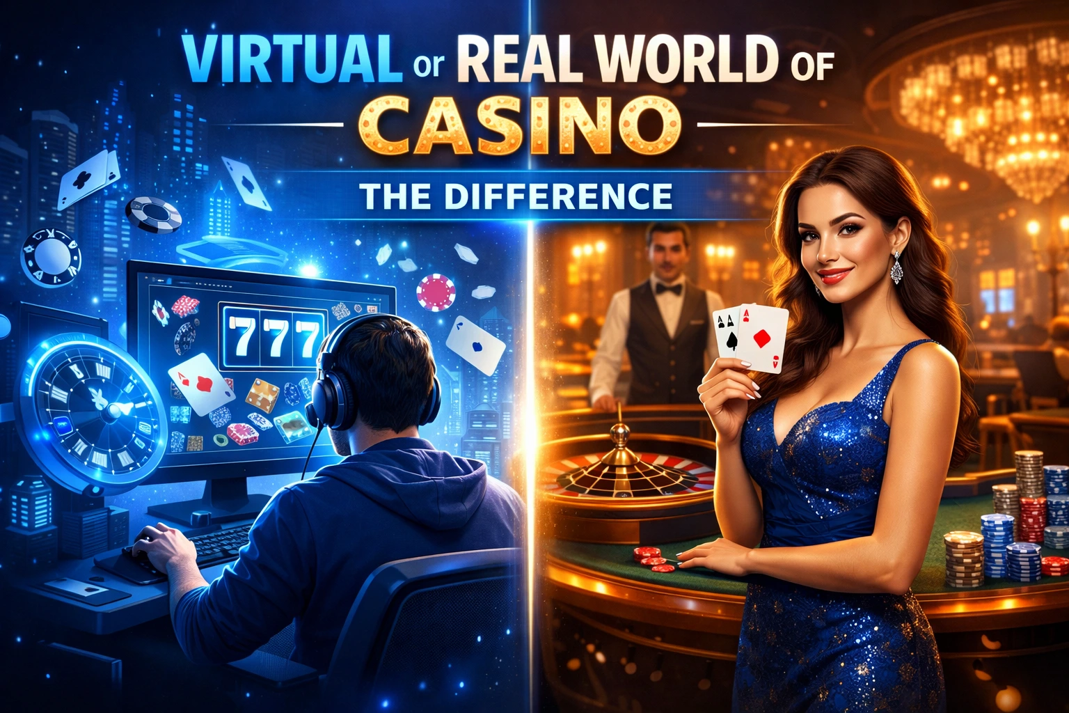 Virtual vs real world casino comparison showing online casino gameplay on a digital screen and a live casino table experience in blue-themed design.