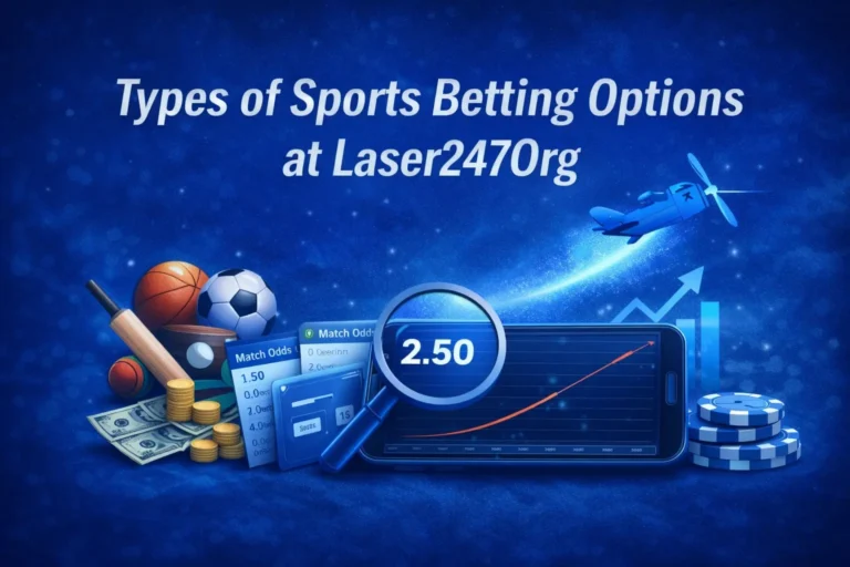Types of sports betting options at Laser247Org banner showing multiple sports, betting odds, charts, and online betting elements in a blue theme